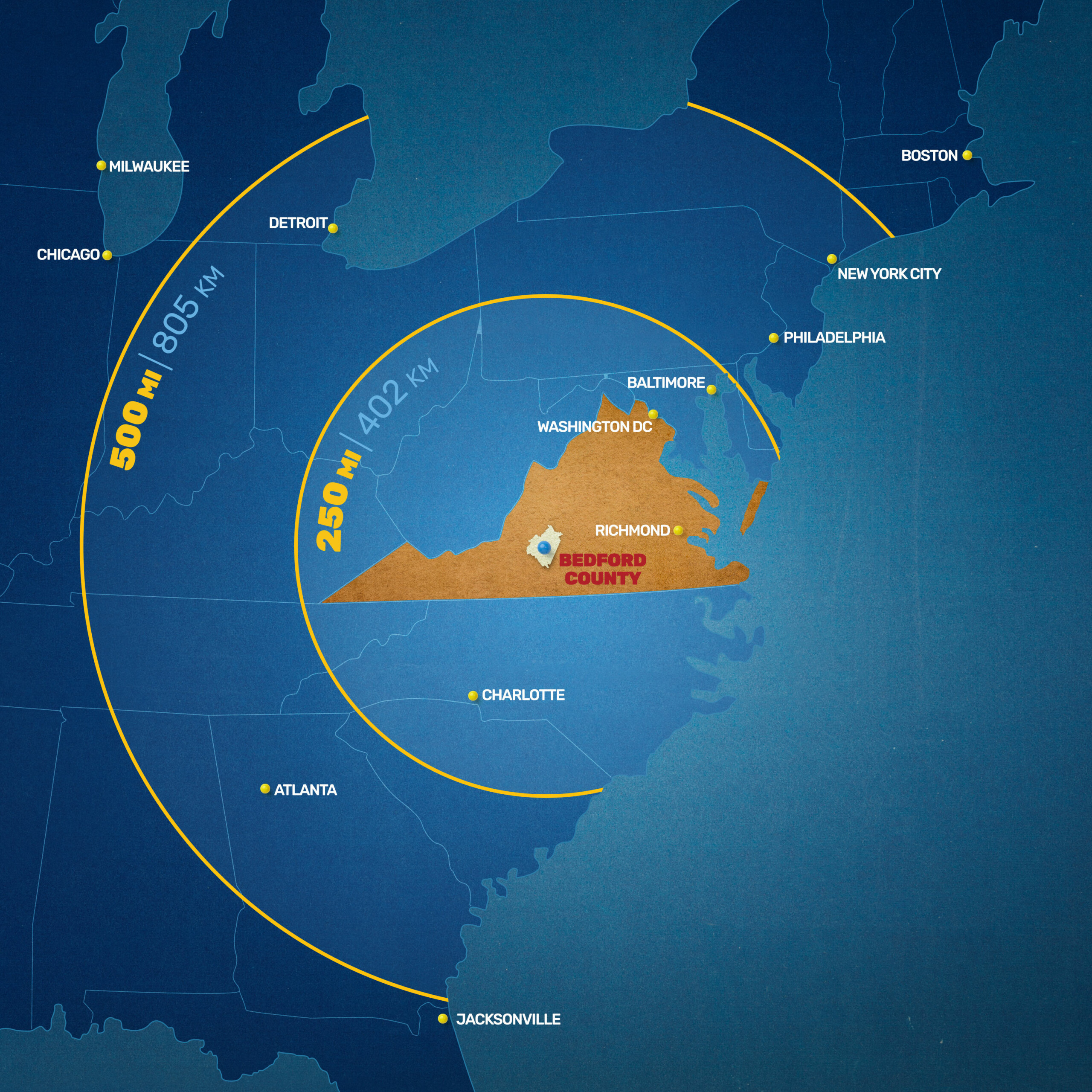 Map showing where Bedford County Virginia is in relationship to state of Virginia and East Coast