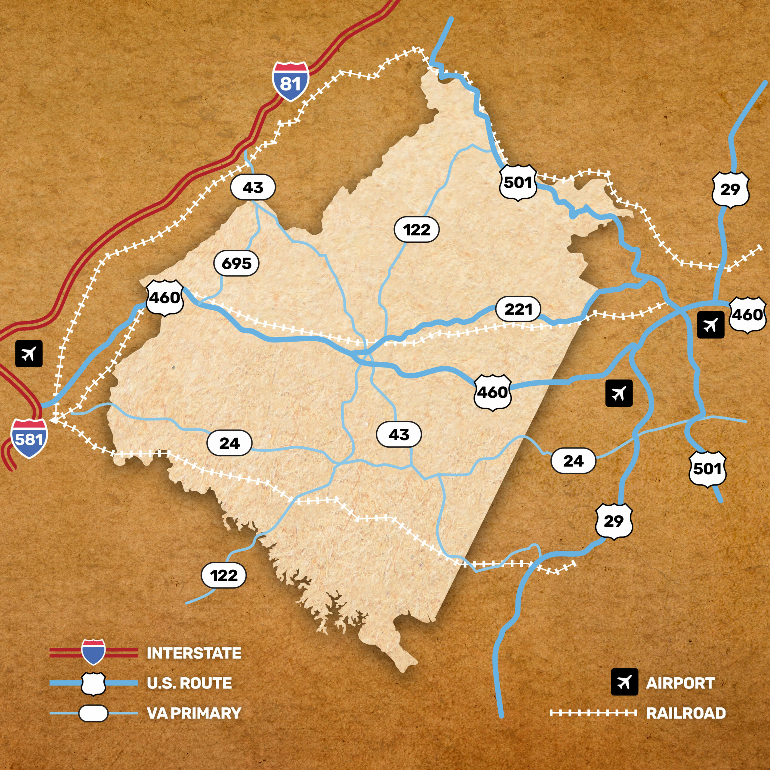 Map of Interstates, Highways, primary roads, Railroads, and Airports in Bedford County and area