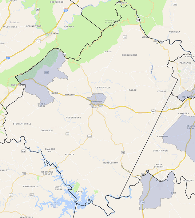 Map of Bedford County showing opportunity areas